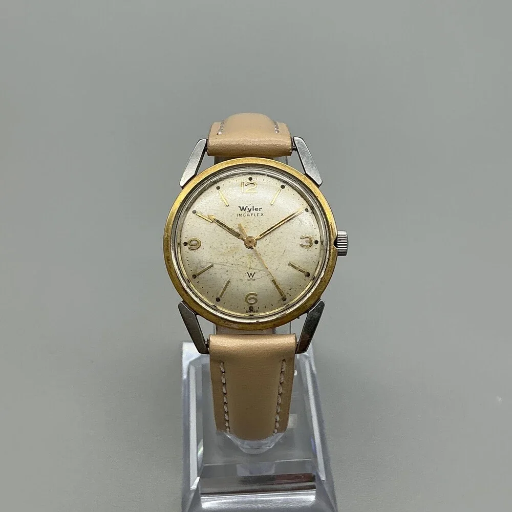 Vintage Wyler Incaflex Mens Watch 32mm Cream Dial Gold Tone Swiss Manual Wind